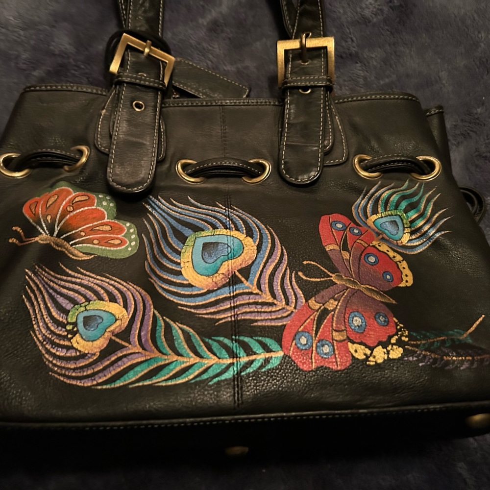 Anuschka Black Bag with Colorful Peacock and Butterfly Art